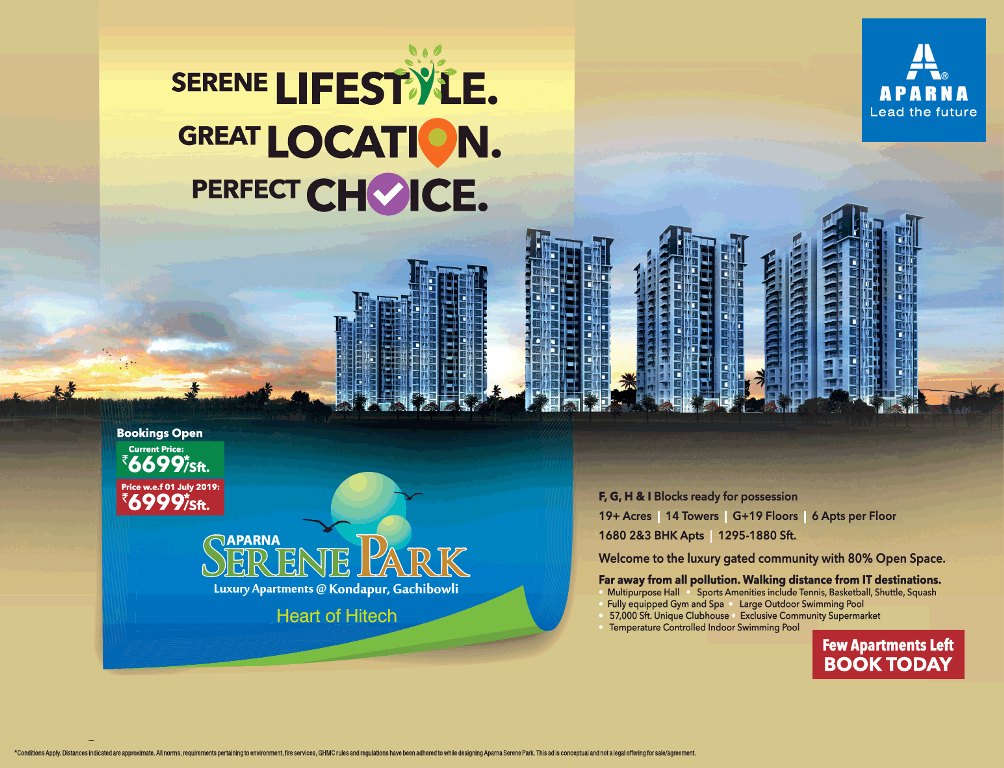 Booking open current price Rs 6699 per sqft at Aparna Serene Park Hyderabad